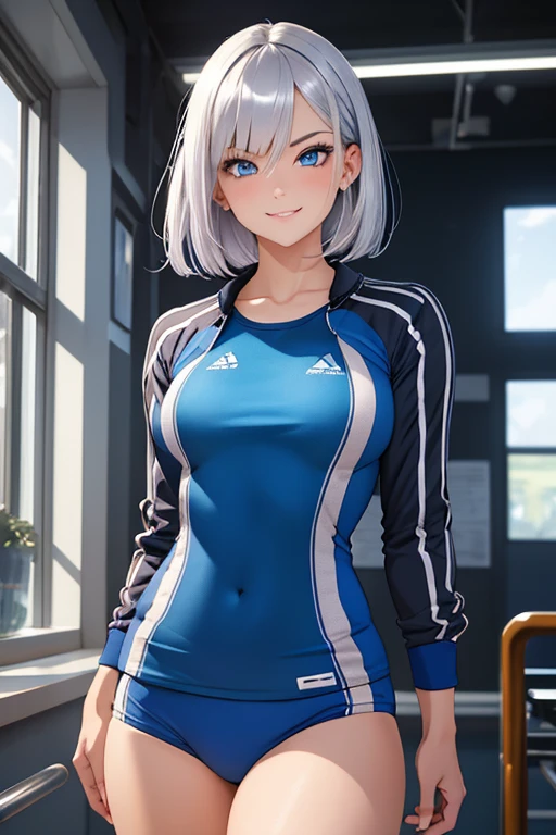 A woman with silver bob hair and blue eyes, wearing training wear , gazing condescendingly at the viewer with a cute grinning expression, extremely detailed and realistic, masterpiece quality, ultra-detailed, HDR, studio lighting, vivid colors, physically-based rendering, school girl, attractive buttocks
