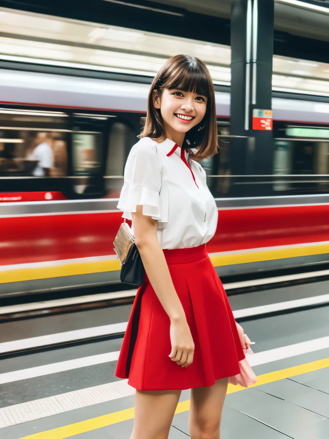 masterpiece , Highest quality , Very detailed , 8k , Cute Woman , One girl , blouse , bangs , smile , White teeth , Symmetrical eyes, 半袖blouse、mini skirt、Red Heels、Summer daytime、Standing on the subway platform、