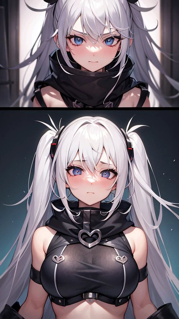 vtuber model, silver hair, grey hair, long hair, messy hair, straight hair, expressive hair, heart-shaped pupils, dilated pupils, embarrassed, blush, blue eyes, heart in eye, naughty, Conceptual art, modern, anime style, anime, reference sheet, multiple views, from behind, from below, from side, UHD, masterpiece, anatomically correct, super detail, textured skin, high details, high quality, best quality, highres, 8k, art concep, character design, teen