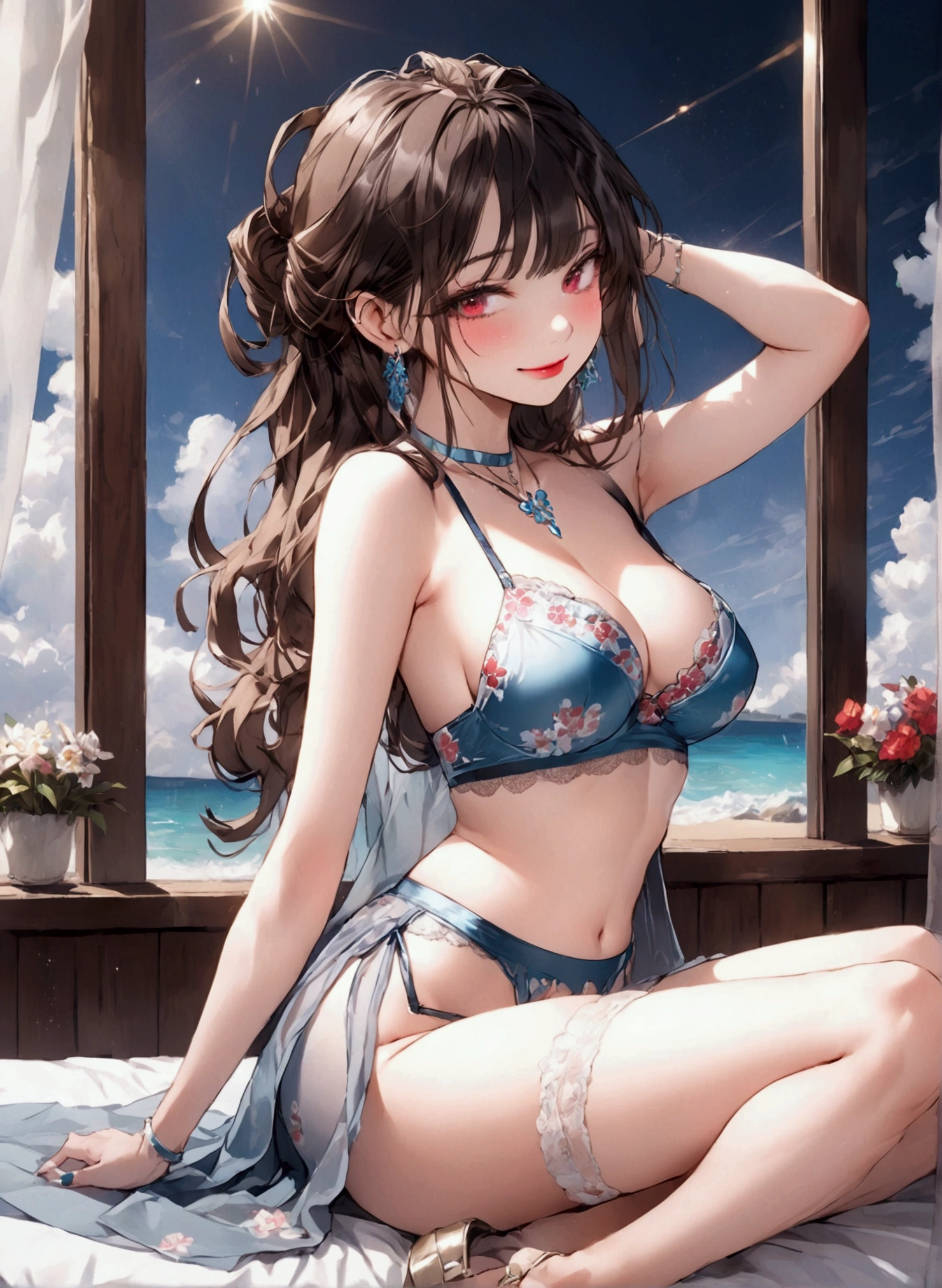 ((masterpiece, Highest quality)),Best aesthetics,One Girl, （A luxury resort hotel with a view of the summer sky）　（Hotel Observatory）　（Standing elegantly on the hotel beach）　（Standing full body view）（Full body portrait）（Beach view from the window）Graceful pose　Lewd face　Graceful pose　Captivating look　A look of contempt　A look of contempt　Sexy Body　Clear Eyes　Round eyes　　office lady　Japanese women　Manga illustration　Beautiful and firm breasts　Beautiful E Cup Breasts　the body is slim　Highest quality　4K Chignon Hairstyle　Hair tied up　Medium Long Hair　（light brown brand）　hair ornaments　necklace　Fascinating sandals　Seductive pose　garter belt　Earrings　（She is wearing a sexy white lace floral dress）　Sexy see-through white floral lace bra,White see-through thong with obscene embroidery　Sensual beige stockings with floral print　　 (Attractive 30 year old Japanese widow,）High heels　flashy necklace　The finer details　Beautiful anime illustrations　Beautiful Face　alone　High resolution, One Girl, Highest quality, Attention to detail, Slightly parted lips　Seductive red lips　Professional, Vibrant colors, Perfect Anatomy, ideal facial features, Ideal Professional Portion Diagram, Perfectly beautiful body, Highly detailed skin, Glowing Skin, Glowing Skin, Cleavage, Captivating smile)),Miss Soapland　Mature hot body　Sparkle Effect, Anime Style, photograph, Attractive nail art　A sophisticated gravure idol　Young Sensual Gravure Idol　Gorgeous Japanese Model