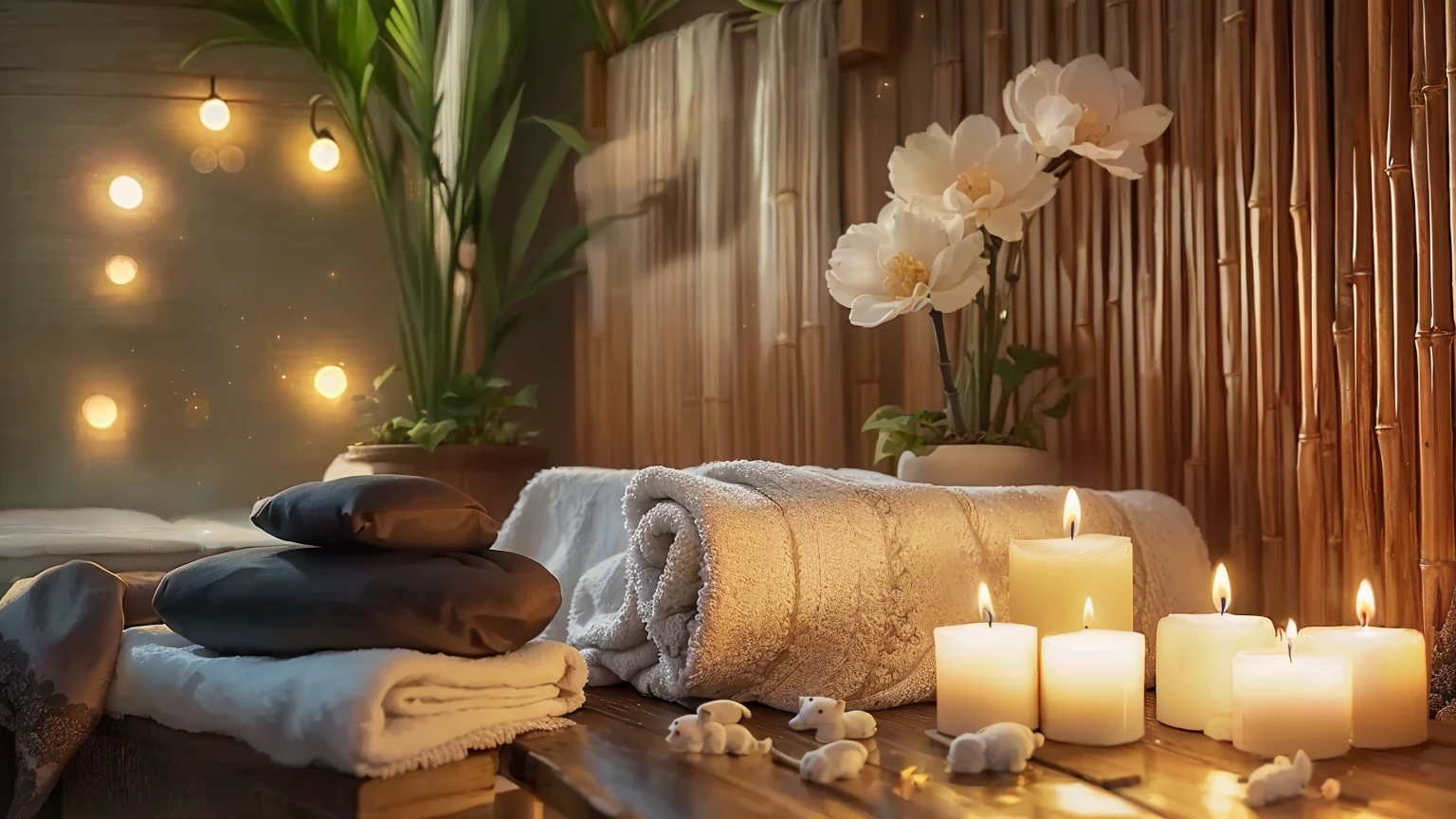 A candle and a towel are placed on a table with a bamboo fence, Peaceful atmosphere, Relaxed atmosphere, relaxed mood, Sublime and cozy atmosphere, Relaxing environment, Luxurious surroundings, Beautiful atmosphere, Pleasant atmosphere, Night atmosphere, Beautiful atmosphere, Morning Glow, spa, Paradise Garden Massage, Cozy and serene atmosphere, Warm and fun atmosphere, Soft glow, 穏やかなNight atmosphere、８K、There are animal dolls