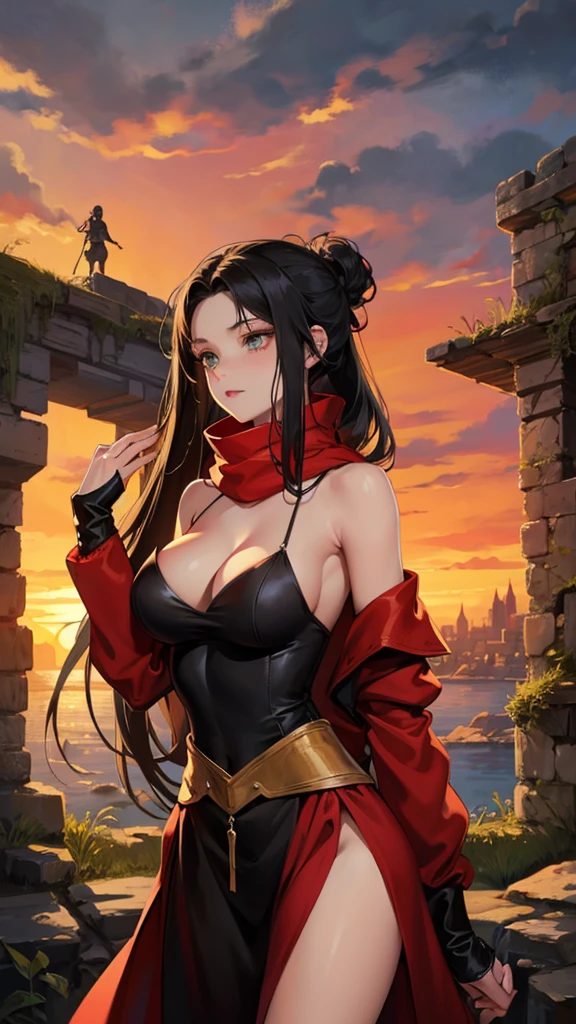 medieval setting, full view of body, 1 skinny female with large breast, beatiful smokey green eyes, black hair pinned up, off-shoulder long dress, red scarf around her neck, eerie sunset