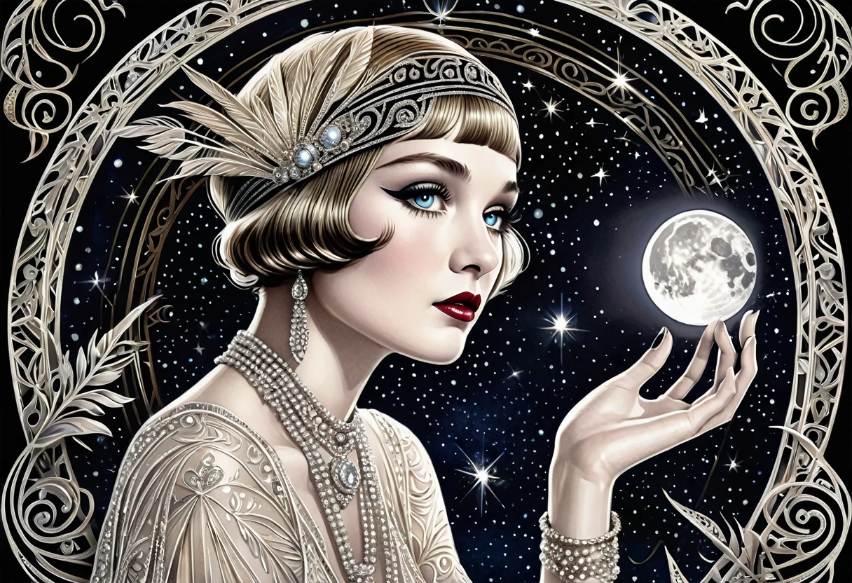 new moon in scorpio, symbolism, surreal, hand drawn masterpiece, 32k, stunning detailed, cinematic, mystic light, very intricate detailed, image is soul touching and delightful, fashion, alive vibe, photorealistic, in style flapper great gatsby 1930s, filigree detailed, magic aura, very interesting, magnificent, sharp drawing details, 32k
