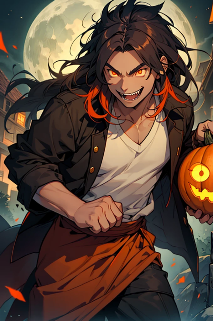 High school werewolf boy, smiling with fangs, orange glowing eyes, long tied hair, pumpkin spirit