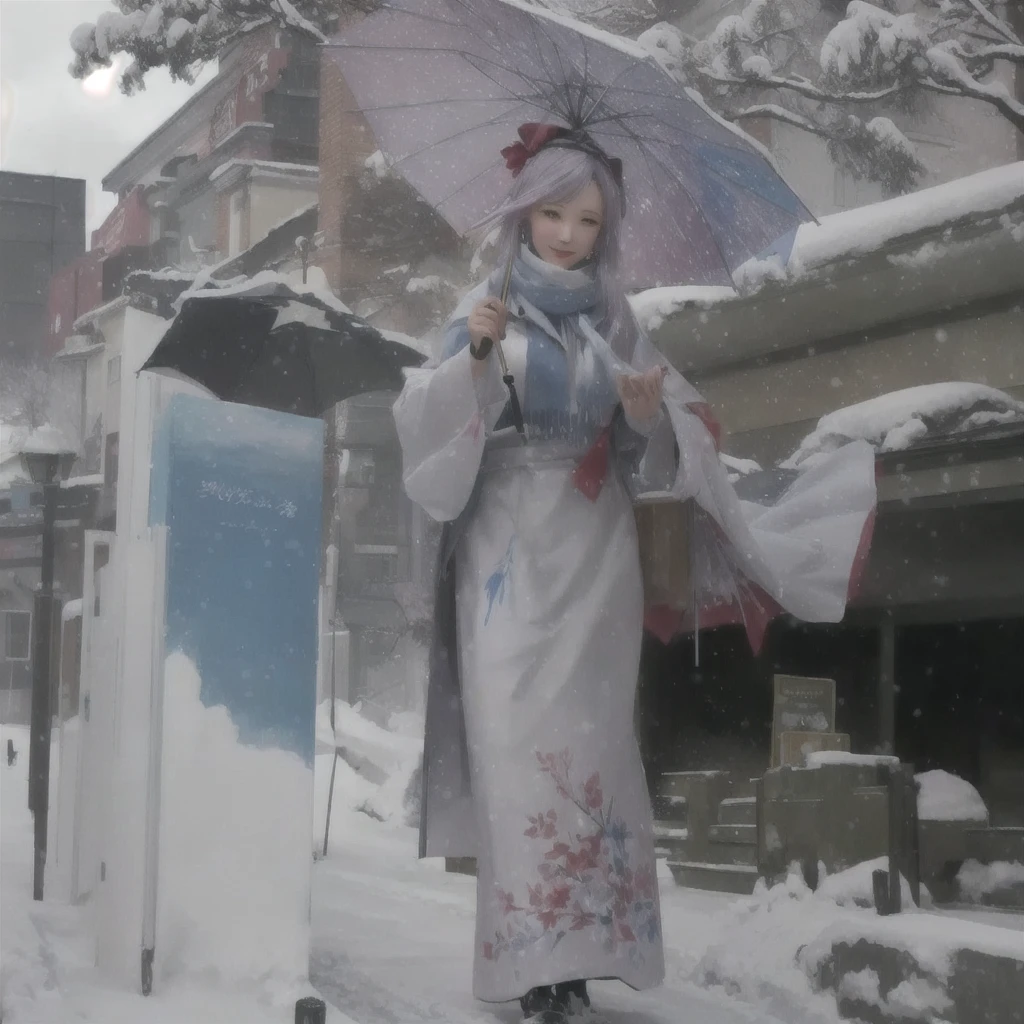 There is a woman holding an umbrella in the snow, Painted in an anime artist's studio, The Detailed Art of the Onmyoji, Gwaiz, Created by Anime Painter Studio, onmyoji, Digital Painting concept art, artwork in the style of Gwaiz, winter concept art, Low level of detail. Digital Painting, an expressive Digital Painting, Painterly concept art, soft Digital PaintingA 17-year-old Japanese girl with vibrant hair colors, long hair, daring hair styling, slender figure, plump cheeks. She embodies the punk rock aesthetic, dressed like a punk rocker with bold attire, large sunglasses, a defiant expression. She stands at 170 centimeters tall, weighs 30 kilograms, wears long boots, with her thighs visible under a red pleated skirt. Adorned with numerous silver accessories. Depict with distinct outlines, using colors other than black for the outlines, using colorful hues for the outlines. She's into girls' rock, punk, Electric guitar, vibrant colors, stages, and backed by a band. An underground clubhouse with colorful lighting amidst the darkness. Colorful candies resembling mountains of treats are plentiful, strewn all around. A tall, well-built man with blonde hair is present, adorned with tattoos, a nose piercing, and a split tongue.