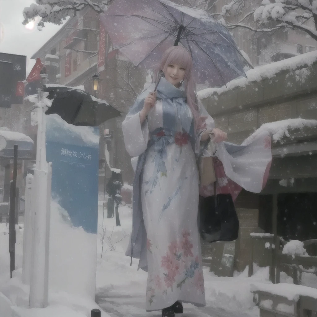 There is a woman holding an umbrella in the snow, Painted in an anime artist's studio, The Detailed Art of the Onmyoji, Gwaiz, Created by Anime Painter Studio, onmyoji, Digital Painting concept art, artwork in the style of Gwaiz, winter concept art, Low level of detail. Digital Painting, an expressive Digital Painting, Painterly concept art, soft Digital PaintingA 17-year-old Japanese girl with vibrant hair colors, long hair, daring hair styling, slender figure, plump cheeks. She embodies the punk rock aesthetic, dressed like a punk rocker with bold attire, large sunglasses, a defiant expression. She stands at 170 centimeters tall, weighs 30 kilograms, wears long boots, with her thighs visible under a red pleated skirt. Adorned with numerous silver accessories. Depict with distinct outlines, using colors other than black for the outlines, using colorful hues for the outlines. She's into girls' rock, punk, Electric guitar, vibrant colors, stages, and backed by a band. An underground clubhouse with colorful lighting amidst the darkness. Colorful candies resembling mountains of treats are plentiful, strewn all around. A tall, well-built man with blonde hair is present, adorned with tattoos, a nose piercing, and a split tongue.