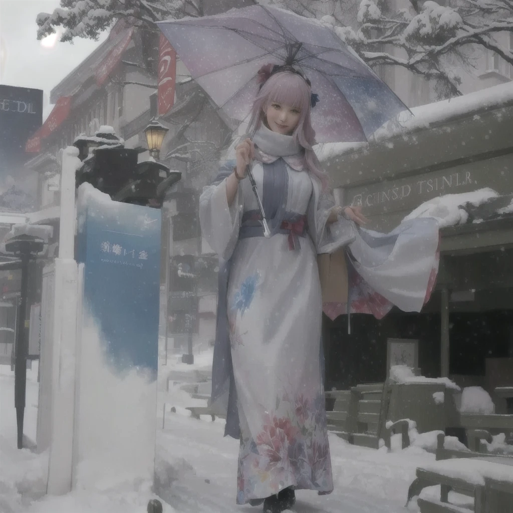There is a woman holding an umbrella in the snow, Painted in an anime artist's studio, The Detailed Art of the Onmyoji, Gwaiz, Created by Anime Painter Studio, onmyoji, Digital Painting concept art, artwork in the style of Gwaiz, winter concept art, Low level of detail. Digital Painting, an expressive Digital Painting, Painterly concept art, soft Digital PaintingA 17-year-old Japanese girl with vibrant hair colors, long hair, daring hair styling, slender figure, plump cheeks. She embodies the punk rock aesthetic, dressed like a punk rocker with bold attire, large sunglasses, a defiant expression. She stands at 170 centimeters tall, weighs 30 kilograms, wears long boots, with her thighs visible under a red pleated skirt. Adorned with numerous silver accessories. Depict with distinct outlines, using colors other than black for the outlines, using colorful hues for the outlines. She's into girls' rock, punk, Electric guitar, vibrant colors, stages, and backed by a band. An underground clubhouse with colorful lighting amidst the darkness. Colorful candies resembling mountains of treats are plentiful, strewn all around. A tall, well-built man with blonde hair is present, adorned with tattoos, a nose piercing, and a split tongue.