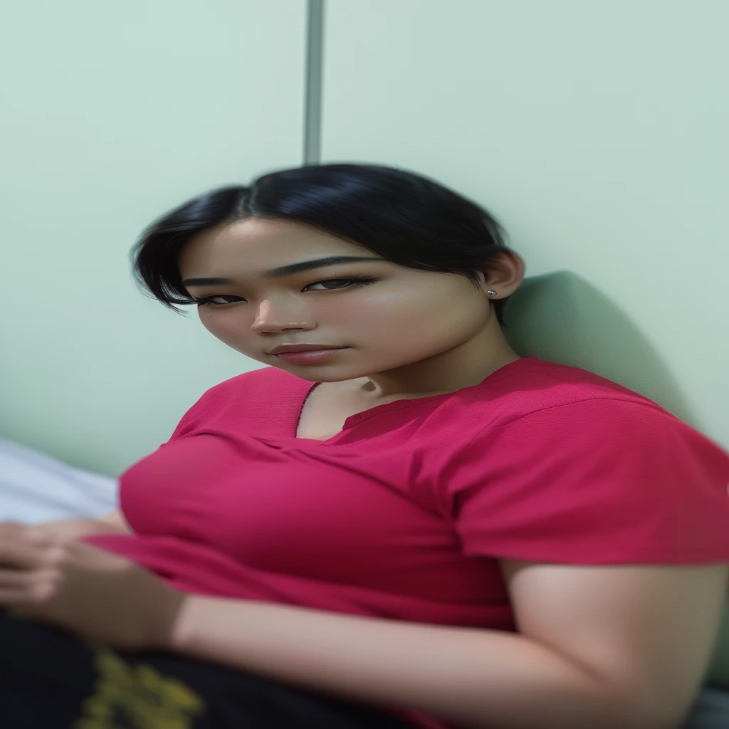 there is a woman sitting on a bed with a cell phone, south east asian with round face, photo of the girl, portrait of modern darna, photo of a woman, with very thin lips, with round face, potrait, face picture, close up potrait, with accurate face, taken with sony alpha 9, picture, with short hair, big bobs, bobs, perfect breast, perfect bobs