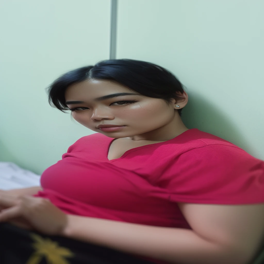 there is a woman sitting on a bed with a cell phone, south east asian with round face, photo of the girl, portrait of modern darna, photo of a woman, with very thin lips, with round face, potrait, face picture, close up potrait, with accurate face, taken with sony alpha 9, picture, with short hair, big bobs, bobs, perfect breast, perfect bobs