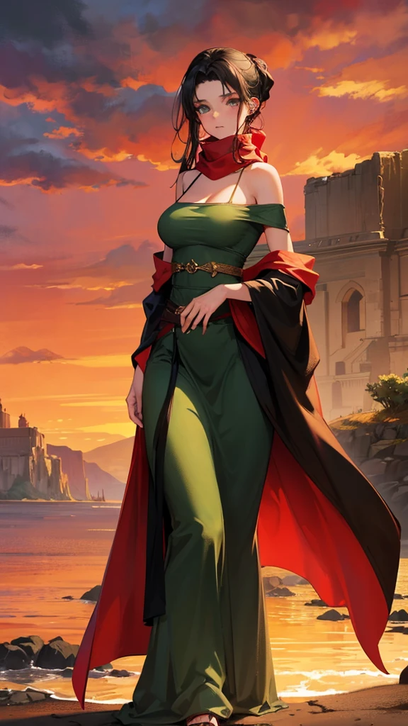 medieval setting, full view of body, 1 skinny female with large breast, beatiful smokey green eyes, black hair pinned up, off-shoulder maxi dress, red scarf around her neck, eerie sunset