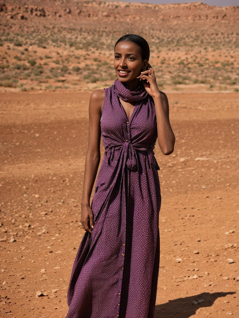 Mariam, 1girl, solo, ((Mauritanian woman)), consistent face and body, ((MILF)), ((30 years old)), (((mature))), ((slim)), ((Mauritanian face)), (Mauritanian nose), (Mauritanian lips), ((brunette short hair)), upper body and upper legs, (background: overlooking Al Wakrah Beach), BREAK, (wearing polka maxi dress and scarf), smirking
