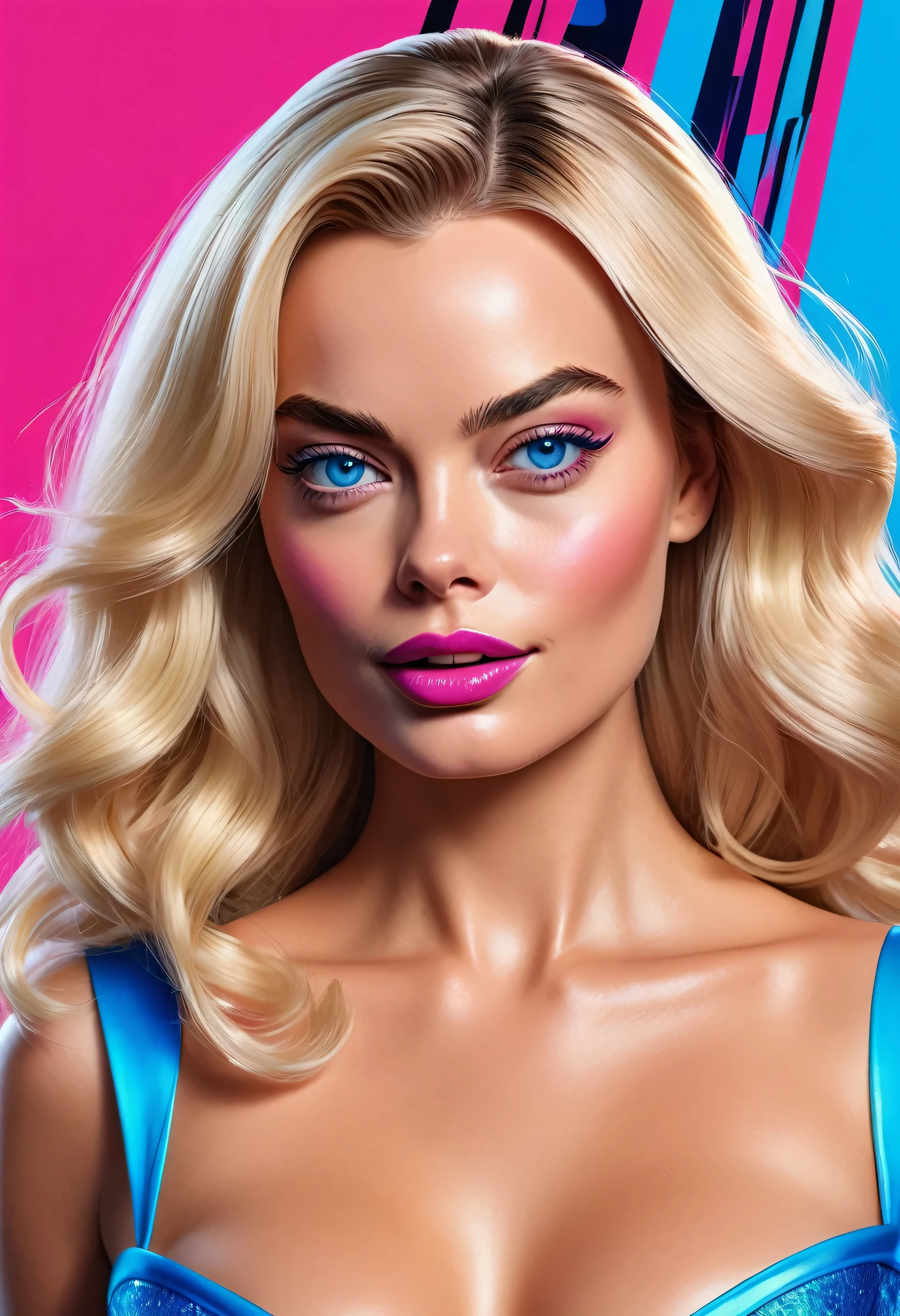 (Masterpiece of art, 8k, uhd, High resolution: 1.4), vivid portrait of Margot Robbie as Barbie in Spider-Verse art style, (stylized and detailed lines: 1.3), (glittering, wavy blonde hair: 1.2), (large, expressive blue eyes: 1.2), (Barbie&#39;s iconic outfit with modern, colorful accents: 1.3), (confident and dynamic pose: 1.3), (Comic animation elements with hand-drawn textures and shadows: 1.2), (Background with stylized and colorful city scenes: 1.1), (cheerful and energetic atmosphere: 1.3), complicated, vibrant details, (Fantasy and modern elements: 1.2), (dynamic and captivating perspective: 1.3)