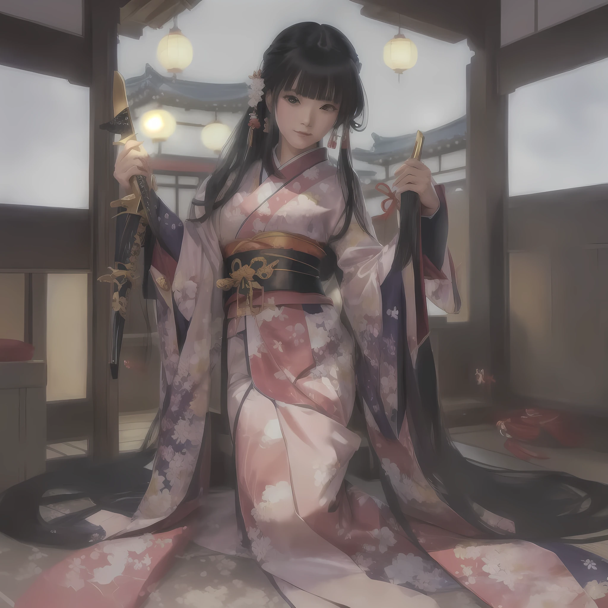 anime - style woman in kimono outfit holding a sword in a room, in kimono, in kimono, Japanese Goddess, Half Yamada, Gwaiz on pixiv artstation, Gwaiz on artstation pixiv, Enchanting anime girl, Gwaiz, Painted in an anime artist's Studio, Black-haired wizard, Pixiv 3DCG, 焔仁A 17-year-old Japanese girl with vibrant hair colors, long hair, daring hair styling, slender figure, plump cheeks. She embodies the punk rock aesthetic, dressed like a punk rocker with bold attire, large sunglasses, a defiant expression. She stands at 170 centimeters tall, weighs 30 kilograms, wears long boots, with her thighs visible under a red pleated skirt. Adorned with numerous silver accessories. Depict with distinct outlines, using colors other than black for the outlines, using colorful hues for the outlines. She's into girls' rock, punk, Electric guitar, vibrant colors, stages, and backed by a band. An underground clubhouse with colorful lighting amidst the darkness. Colorful candies resembling mountains of treats are plentiful, strewn all around. A tall, well-built man with blonde hair is present, adorned with tattoos, a nose piercing, and a split tongue.