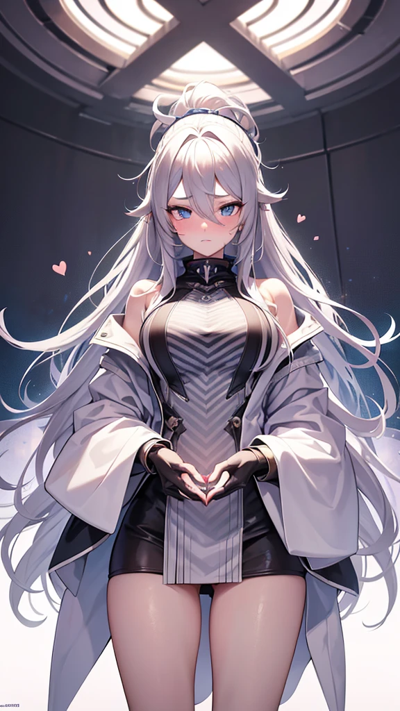 vtuber model, silver hair, grey hair, long hair, messy hair, straight hair, expressive hair, heart-shaped pupils, dilated pupils, embarrassed, blush, blue eyes, heart in eye, naughty, Conceptual art, modern, anime style, anime, reference sheet, multiple views, from behind, from below, from side, UHD, masterpiece, anatomically correct, super detail, textured skin, high details, high quality, best quality, highres, 8k, art concep, character design, teen
