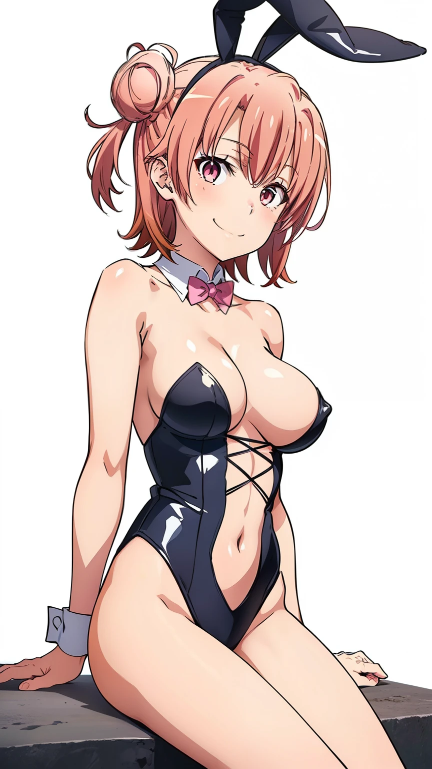 ((masutepiece, Best Quality, hight resolution, nffsw, Perfect Pixel, depth of fields, 4K, )), 1girl in, Solo, , Beautiful anime girl, Beautiful Art Style, close up, Looking at Viewer, Perfect body, side shot, Yuigahama Yui, Short hair, pink hair, pink eyes, hairbun, (large boob), side boob, sitting, black playboy bunny outfit, smile, hands on thighs, blank white background
