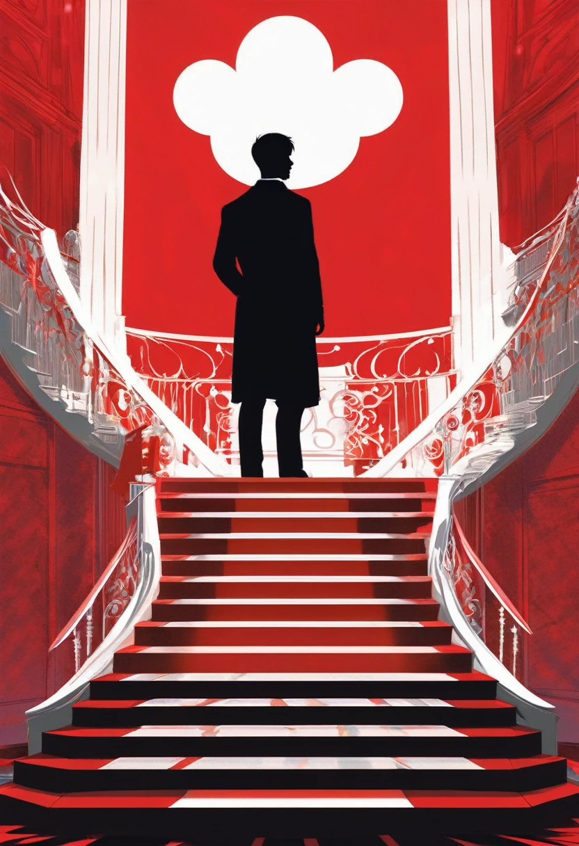 black silhouette of a man standing at the top of the stairs, with a podium , red and white room, vector style, manga style, digital art, by Marshall Arisman, cover illustration, 70mm, 7 0 mm, 70 mm, book cover illustration, by Brigette Barrager, album cover, novel cover art for a book, art concept for a book cover, cover art, 7 feet tall,