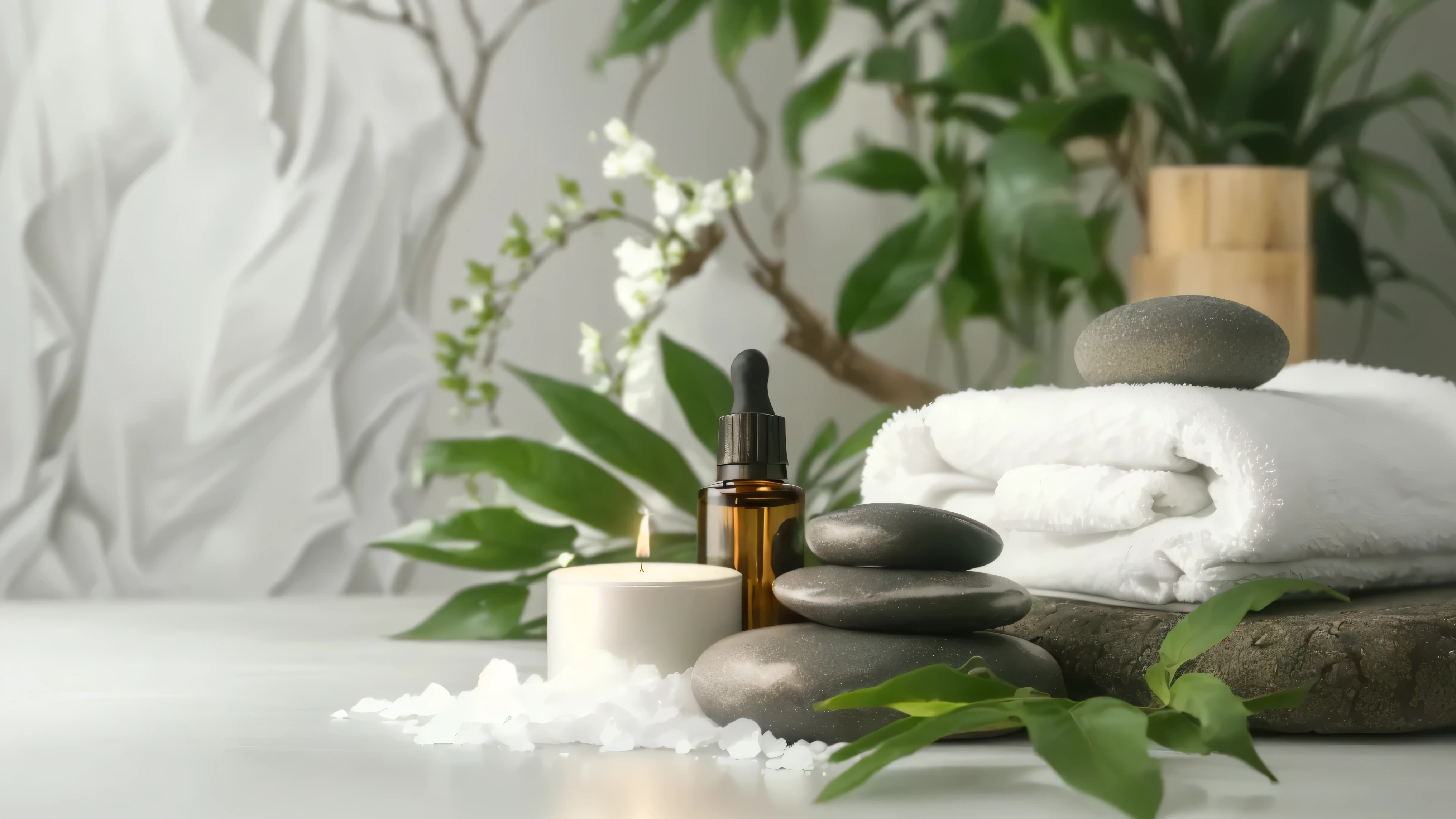 Towels and bottles of essential oils on the counter, relax atmosphere, relax environment, Peaceful atmosphere, relax mood, relax, spa, Quiet environment, 🤬 🤮 💕 🎀, appease, Peaceful environment, Paradise Garden Massage, Serene landscape, Lush green environment, very relax, Clean and neat design, Sublime and cozy atmosphere, Warm and fun atmosphere、８K