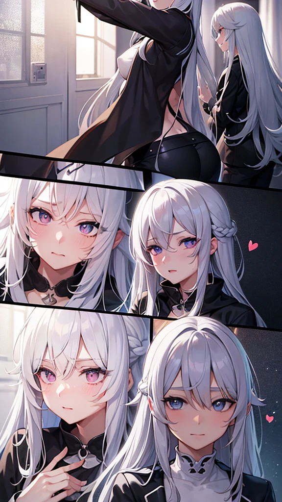 vtuber model, silver hair, grey hair, long hair, straight hair, expressive hair, heart-shaped pupils, dilated pupils, embarrassed, blush, blue eyes, heart in eye, naughty, Conceptual art, modern, anime style, anime, reference sheet, multiple views, from behind, from below, from side, UHD, masterpiece, anatomically correct, super detail, textured skin, high details, high quality, best quality, highres, 8k, art concep, character design, teen