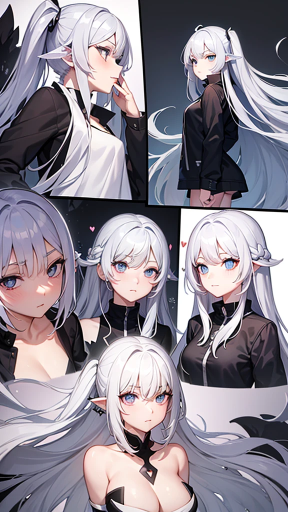 vtuber model, silver hair, grey hair, long hair, straight hair, expressive hair, heart-shaped pupils, dilated pupils, embarrassed, blush, blue eyes, heart in eye, naughty, Conceptual art, modern, anime style, anime, reference sheet, multiple views, from behind, from below, from side, UHD, masterpiece, anatomically correct, super detail, textured skin, high details, high quality, best quality, highres, 8k, art concep, character design, teen