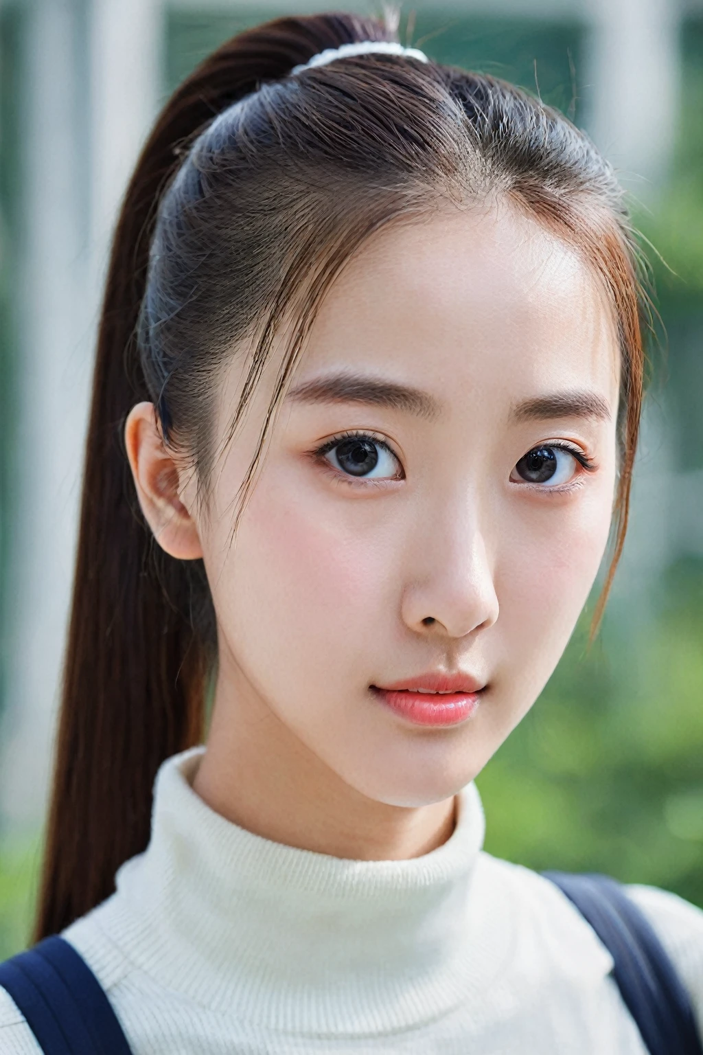 girl, 独奏, Cold expression, Lady, High nose, Swan neck, Slender eyes, big eyes, Larger mouth, Low Ponytail, Wide forehead, Fifteen, youth, Junior high school students, Beautiful, Portraiture, Oval face, Slender eyes, Slender eyes, Larger mouth