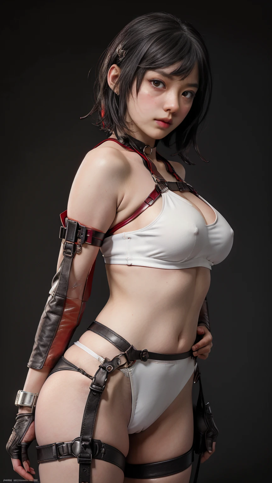 "((Highest quality,16K,High resolution,masterpiece:1.6)),Very detailedな,Very detailed,(Realistic,photoRealistic,photo-Realistic:1.37), (Huge and stunning goddess shot, Very hot and sexy,((short hair)), Great beauty, Perfect balance, Beautiful body,( Red and black cyberpunk costume:1.5), ((White skin:1.5)), Slim body beauty: 1.4),there is a woman in a red bikini and black leather Harness,Wear professional clothing and protective equipment, I rode a lot, Harnesses and garters, Wearing a sexy crop top, Funny costumes, Post-apocalyptic atmosphere, Very sexy devil costume, Cyberpunk Angry Gorgeous Goddess, skintight red leather armor, Harness, Soft indirect lighting in the studio,((Delicate artwork on a dark grey background))、((A beautiful figure that stands out against a dark background))、