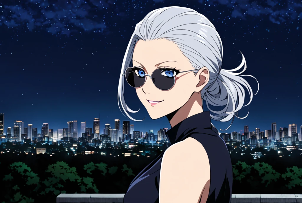 1girl, female gojo satoru, anime screencap from jujutsu kaisen, gojo satoru female version, solo, long_Silver hair, wavy hair, black round sunglasses, Blue Eyes, parted_lips, smiling, looking_at_viewer, perfect background, outdoors, side view, eyelashes, (elegant prom night outfit), hair_between_eyes, floating hair, ((hair slicked from one side)), City in background,night