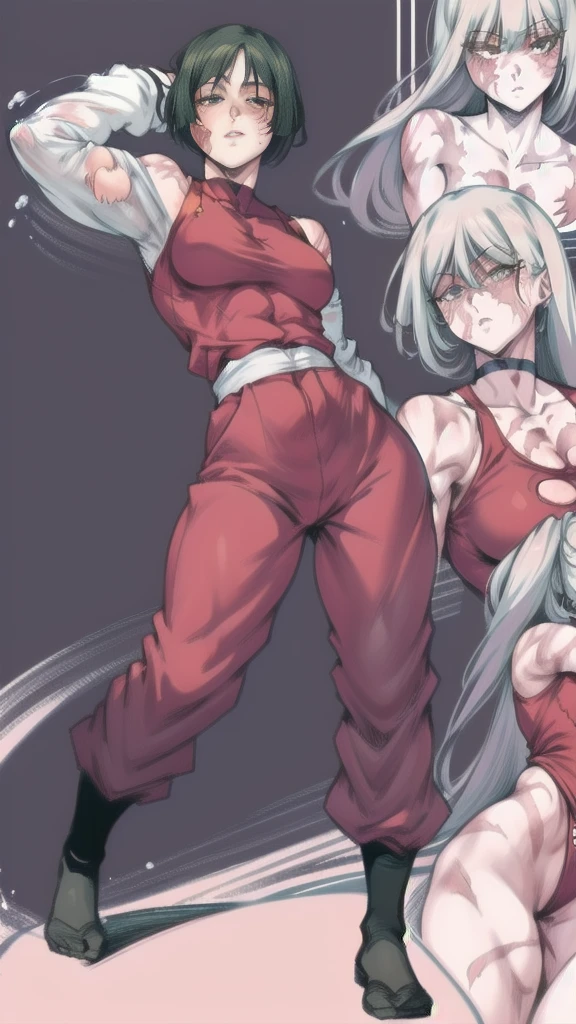 Full body image of Maki Zenin from Jujutsu Kaisen, full body in image, wearing her post-clan outfit (sleeves torn, harem pants), visible scars, short dark hair, female body, athletic and muscular body, dynamic pose, detailed pose, simple background, expressive face showing determination, focus on face, line art, sketch