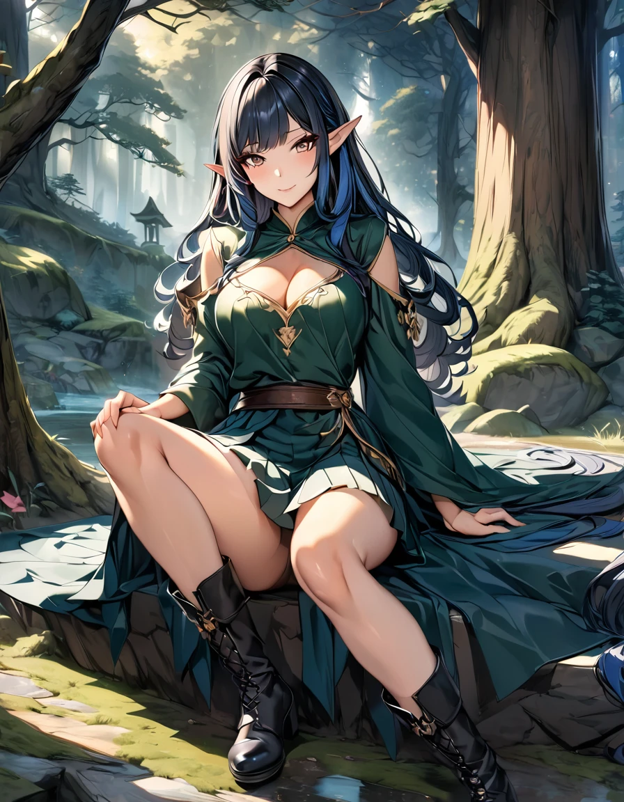 high quality, 4k, 8k, highres, HDR, UHD, masterpiece, ultra-detailed, a beautiful elf woman in a dark fantasy forest, sitting pose, legs toghether, creative angle, mature woman. short skirt, natural clothing, eld boots, extremely detailed face, medium long flowing hair, natural looking hair, rendered hair, dark blue hair, curious expression, sitting under a large tree, anime style, highly detailed, 8k, fantasy art, magical atmosphere, mossy ground, dark setting, demonic forest, dark eyes, rendered eyes, special eyes, pointed ears, detailed dress, intricate details, fantasy landscape, simple background
