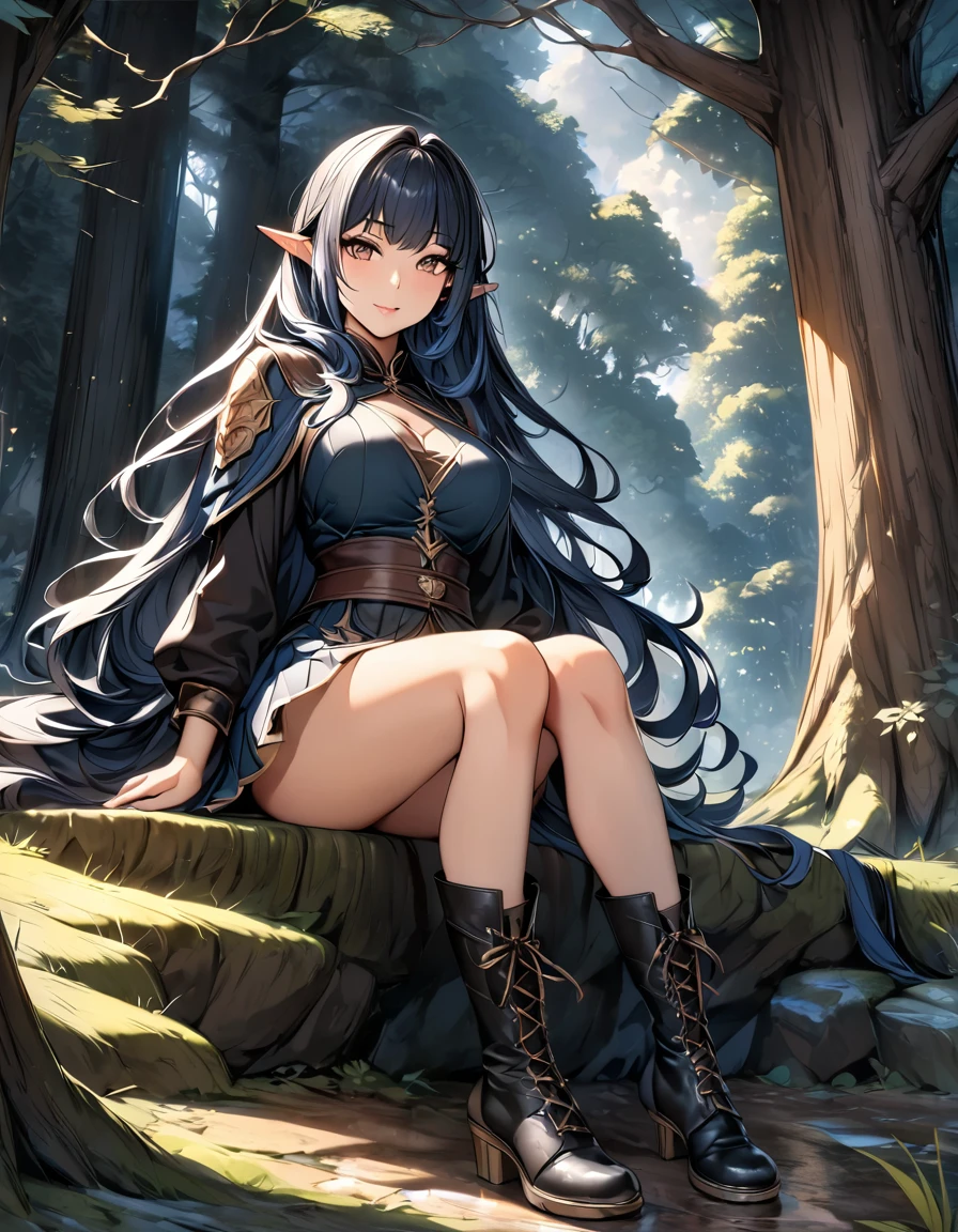 high quality, 4k, 8k, highres, HDR, UHD, masterpiece, ultra-detailed, a beautiful elf woman in a dark fantasy forest, sitting pose, legs toghether, creative angle, mature woman. short skirt, natural clothing, eld boots, extremely detailed face, medium long flowing hair, natural looking hair, rendered hair, dark blue hair, curious expression, sitting under a large tree, anime style, highly detailed, 8k, fantasy art, magical atmosphere, mossy ground, dark setting, demonic forest, dark eyes, rendered eyes, special eyes, pointed ears, detailed dress, intricate details, fantasy landscape, simple background