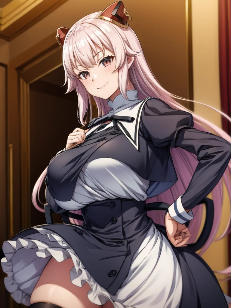 Top quality, masterpiece, beautiful face, fine eyes, fine skin, fine face,
ArayaEndo, long hair, hairpods, black neck ribbon, yurigaoka girls academy , cropped jacket, juliet sleeves, black skirt, high-waist skirt, black thighhighs, (rnaughty smile),  huge breasts, curvaceous, tight waist,  (claw pose:1.2), Gao's hand pose,