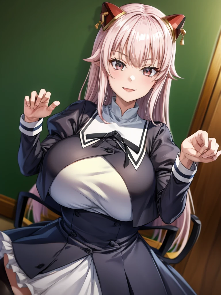 Top quality, masterpiece, beautiful face, fine eyes, fine skin, fine face,
ArayaEndo, long hair, hairpods, black neck ribbon, yurigaoka girls academy , cropped jacket, juliet sleeves, black skirt, high-waist skirt, black thighhighs, (rnaughty smile),  huge breasts, curvaceous, tight waist,  (claw pose:1.2), Gao's hand pose,