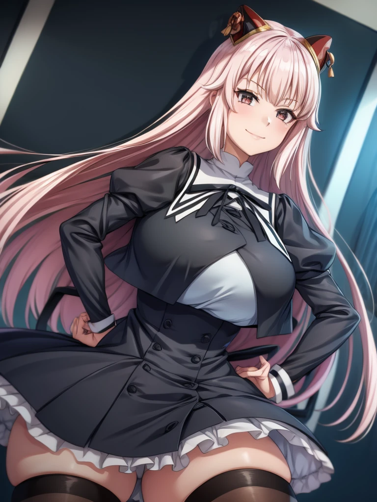 Top quality, masterpiece, beautiful face, fine eyes, fine skin, fine face,
ArayaEndo, long hair, hairpods, black neck ribbon, yurigaoka girls academy , cropped jacket, juliet sleeves, black skirt, high-waist skirt, black thighhighs, (rnaughty smile),  huge breasts, curvaceous, tight waist,  (claw pose:1.2), Gao's hand pose,