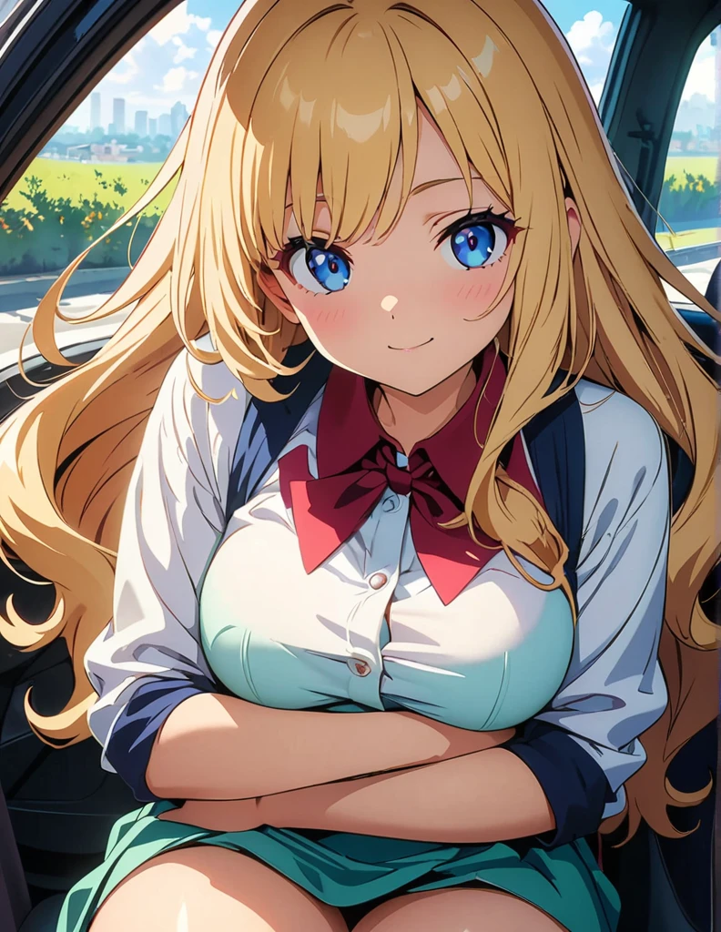 (anime artwork, anime style, studio anime, very detailed, up to date, vibrant, Anime Coloring, high contrast, masterpiece:1.2, best quality, best aesthetics),1 girl,hug from behind, Medium chest, A glimpse of thighs,random hair, One eye is hidden by the bangs, perfect proportions, high detail skin, Cute, detailed faces, precise fingers,curvy,in the car, front passenger's seat