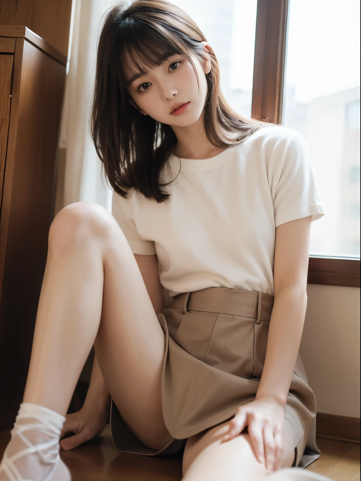 (8k, Top quality, Masterpiece:1.2), (Realistic, photo-realistic:1.37), Super detailed, perfect anatomy, a Japanese, girl, cute, small eyes, 18 years old, blunt bangs, stockings,