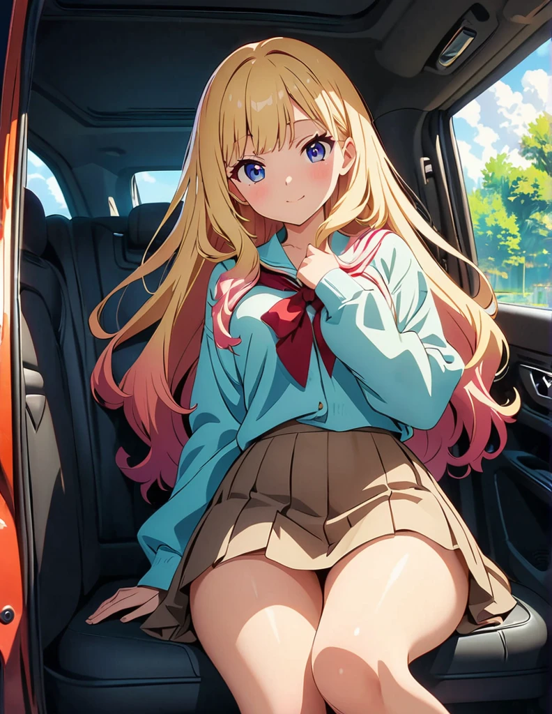 (anime artwork, anime style, studio anime, very detailed, up to date, vibrant, Anime Coloring, high contrast, masterpiece:1.2, best quality, best aesthetics),1 girl,hug from behind, Medium chest, A glimpse of thighs,random hair, One eye is hidden by the bangs, perfect proportions, high detail skin, Cute, detailed faces, precise fingers,curvy,in the car, front passenger's seat