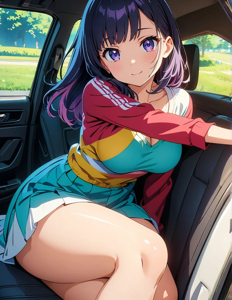 (anime artwork, anime style, studio anime, very detailed, up to date, vibrant, Anime Coloring, high contrast, masterpiece:1.2, best quality, best aesthetics),1 girl,hug from behind, Medium chest, A glimpse of thighs,random hair, One eye is hidden by the bangs, perfect proportions, high detail skin, Cute, detailed faces, precise fingers,curvy,in the car, front passenger's seat