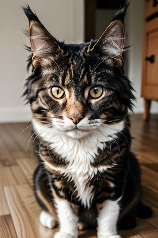 There is a cat sitting on the floor and looking up, Beautiful photos of stray dogs, Maine Coon cat with a serious expression, Shot on Sony Alpha 9, Cat Pictures, Looking into the camera, is Looking into the camera, Cat Pictures, Close-up photo, Look straight into the camera, !! Looking into the camera!!, To the camera