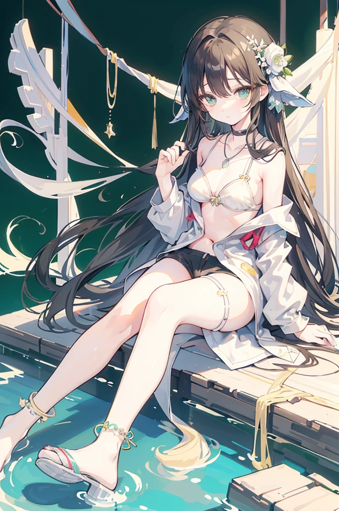 {{masterpiece}}, The best quality of life, 、Dark brown long hair down to the waist、Anime Girls with brown long hair, Cute female anime visuals,Anime full body illustration, Anime Moe Art Style, Anime characters, (Anime Girls)、(Green Eyes)、Expressionless adult woman、Small Necklace、((White background))、Black Bikini、Grey shorts、A light jacket、Green anklet、A woman standing in white sandals、Larger bust size