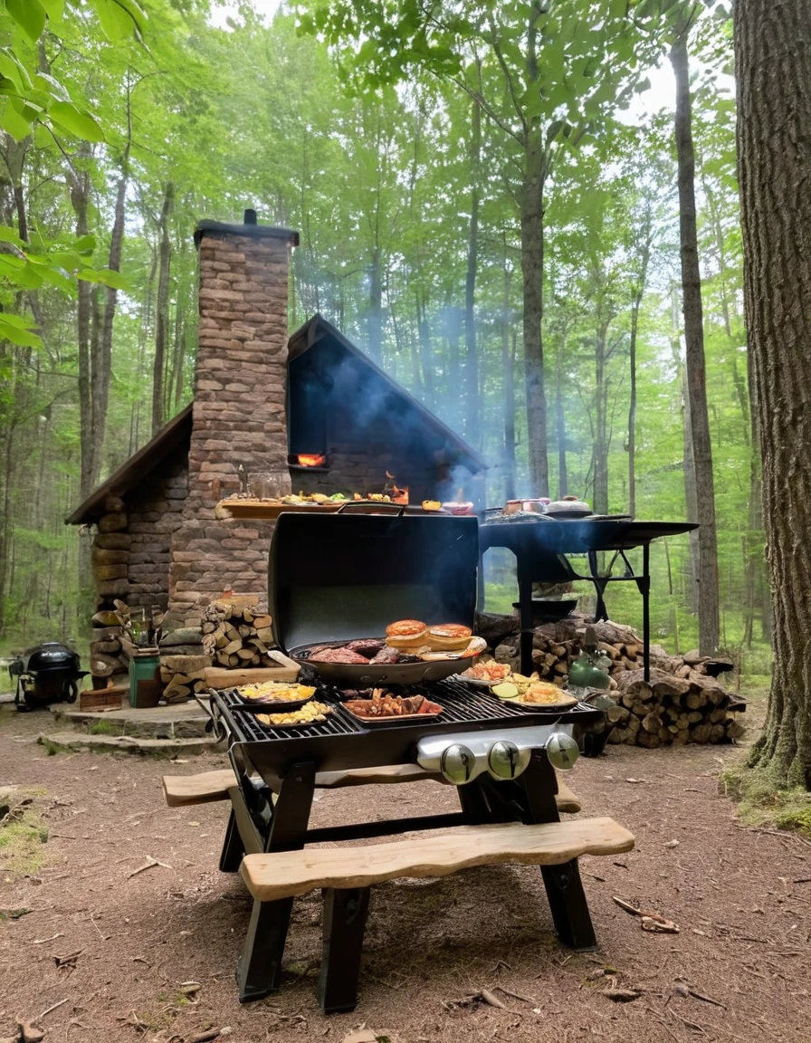 there is a table with food and a grill in the woods, cottagecore!!, cabin in the woods, a brick cabin in the woods, cottagecore, forest picnic, ❤🔥🍄🌪, cottagecore hippie, cottage in the woods, in a cabin, old cabin, log cabin, witch cottage in the forest