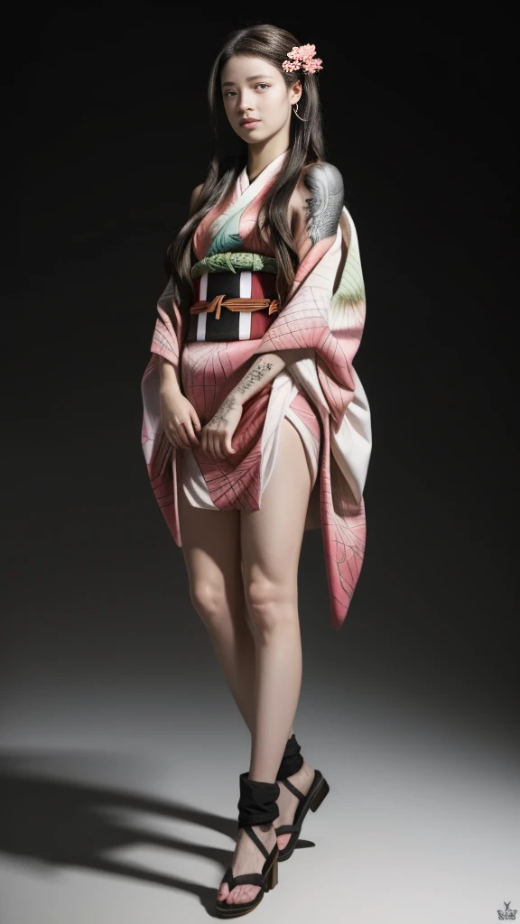 Female, moisturized skin, (pink and bright eyes), (full body: 1.4),
BREAK,
(kicking: 1.3),
BREAK,
(black grass tattoo on body: 1.3),
BREAK,
(cute kimono: 1.2), (black haori: 1.2),
BREAK,
(super long hair), (light gradient hair: 1.3), (red tips: 1.3),
BREAK,
(realistic: 1.3), (super high resolution), (highly detailed: 1.4), (full body: 1.4), (symmetrical: 1.2), (one shot),
BREAK,
(Japanese city: 1.2),
BREAK,
(Demon Slayer: 1.4), (Hirose Suzu: 1.3), (Kamado Nezuko),