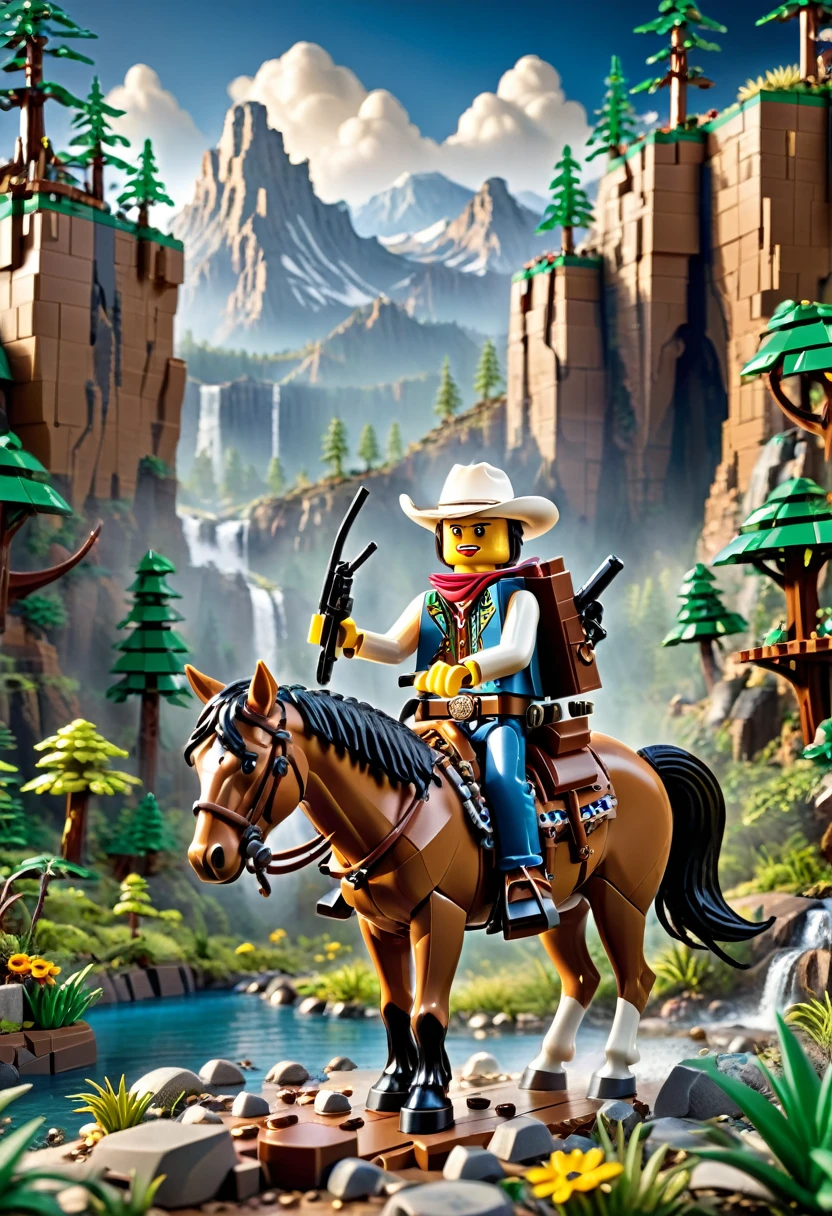 Magazine cover,best quality, very good, 16K, ridiculous, Very detailed, Western Cowboy,Made of Lego, ((wilderness))((A masterpiece full of fantasy elements))), ((best quality)), ((Intricate details))(8K)