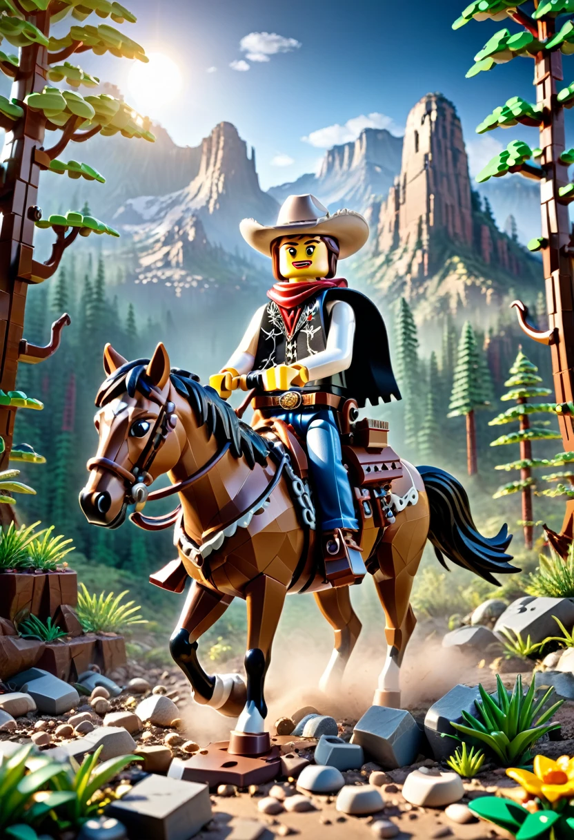 Magazine cover,best quality, very good, 16K, ridiculous, Very detailed, Western Cowboy,Made of Lego, ((wilderness))((A masterpiece full of fantasy elements))), ((best quality)), ((Intricate details))(8K)