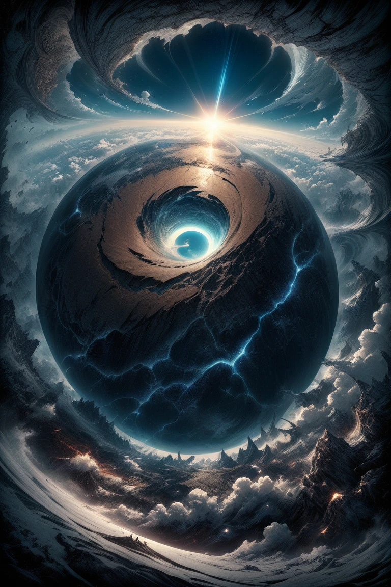 Toned Up, A World Within a World, Fantasy art, Photographed from space, Super detailed, Heaven and Hell,