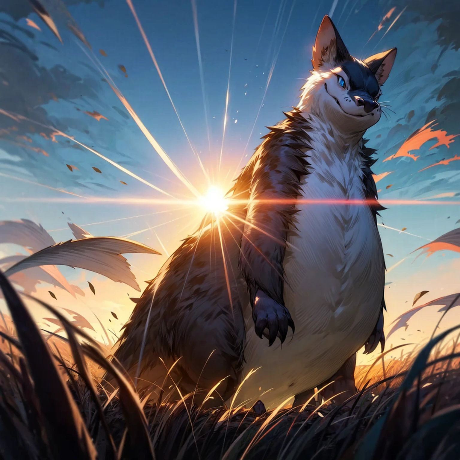 1animaly, medium animal version, Full body version, beaver mixed with dinosaurus, blue eyes, beaver head mixed, has horns, Grassroots, full background in field, largest body, very fat stomach, very tall height, tall height 100 feet, In the morning, the silhouette of the sun, the glare of the sun, motion blur,