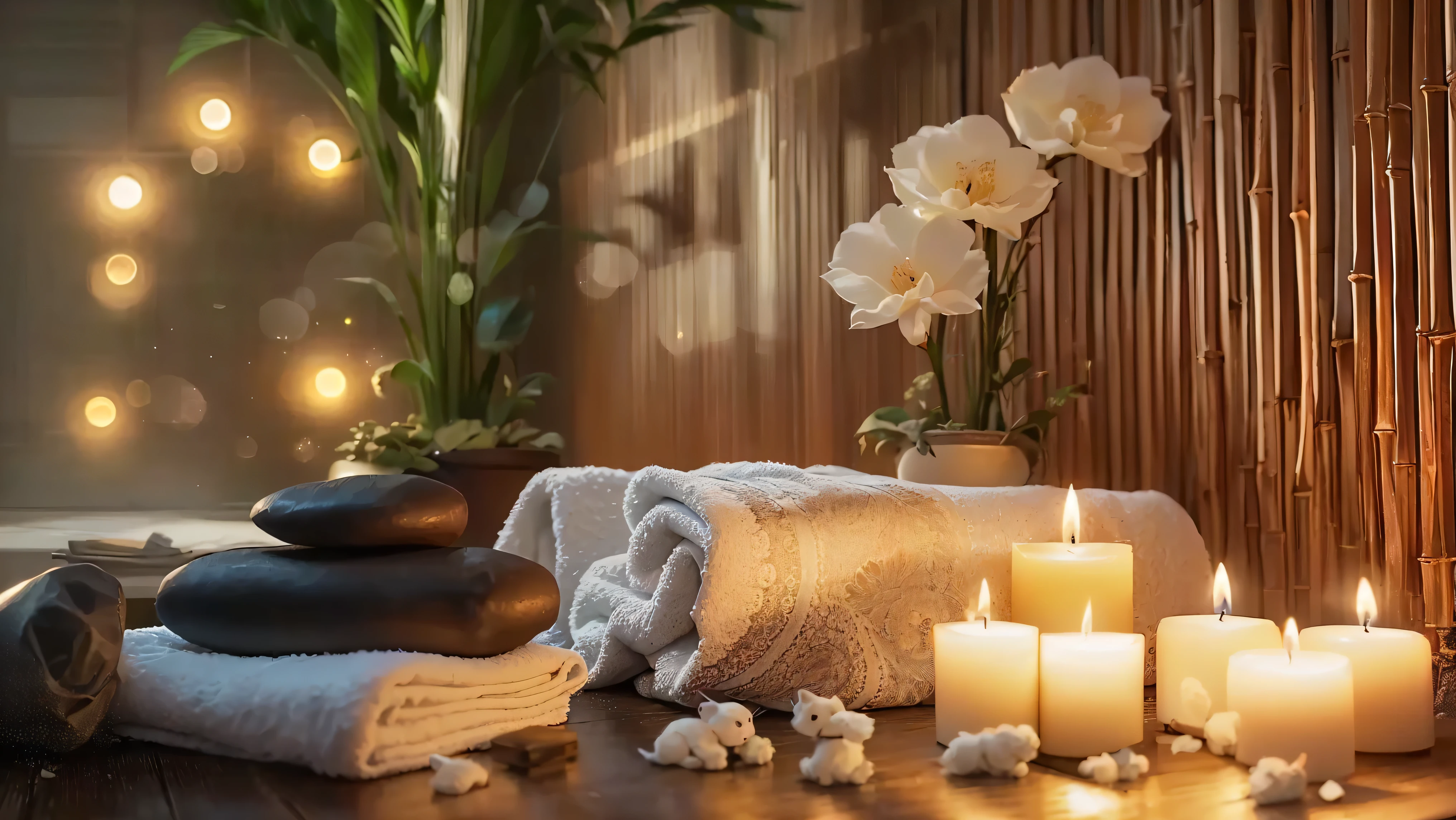 A candle and a towel are placed on a table with a bamboo fence, Peaceful atmosphere, Relaxed atmosphere, relaxed mood, Sublime and cozy atmosphere, Relaxing environment, Luxurious surroundings, Beautiful atmosphere, Pleasant atmosphere, Night atmosphere, Beautiful atmosphere, Morning Glow, spa, Paradise Garden Massage, Cozy and serene atmosphere, Warm and fun atmosphere, Soft glow, 穏やかなNight atmosphere、8K、There are animal dolls
