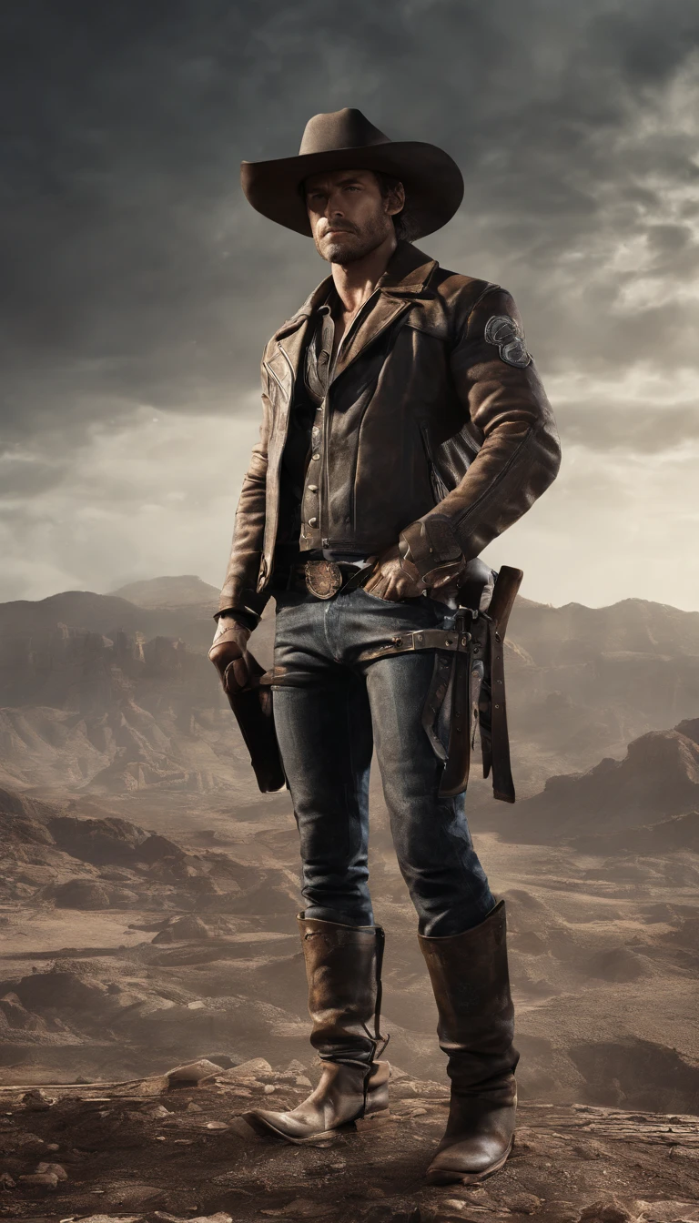 a realistic, full body shot of a dirty, rugged western cowboy, highly detailed face, muscular build, worn leather jacket and jeans, cowboy boots, holding a lasso, dramatic lighting, cinematic composition, muted color palette, gritty and weathered aesthetic, photorealistic, 8k, hyper detailed
