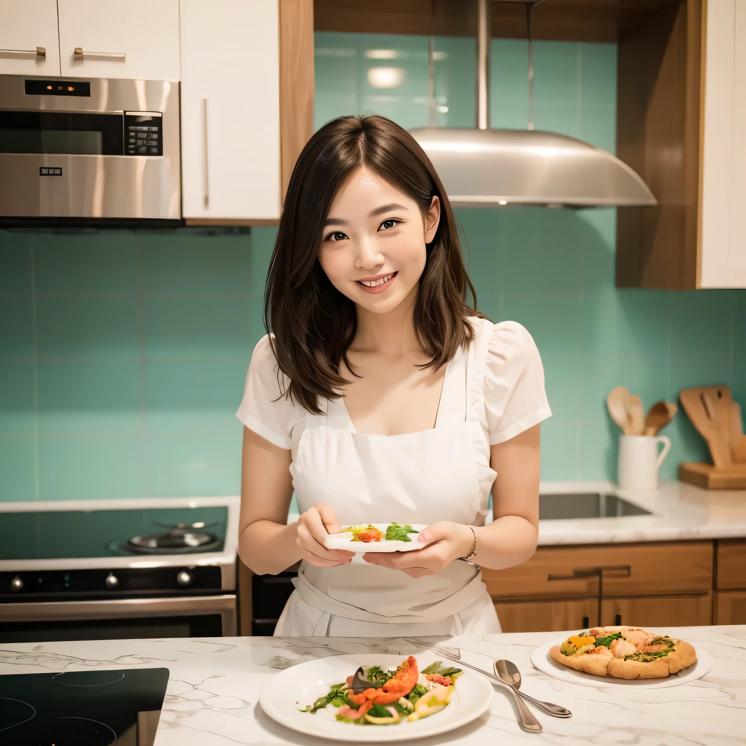 Beautiful woman smiling facing forward while cooking in the kitchen holding a plate with both hands, round plate, realistic photography style