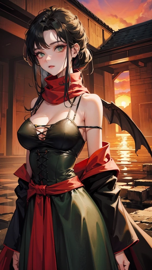 medieval setting, full view of body, 1 skinny female with large breast, beatiful smokey green eyes, black hair pinned up, off-shoulder midi dress, red scarf around her neck, eerie sunset