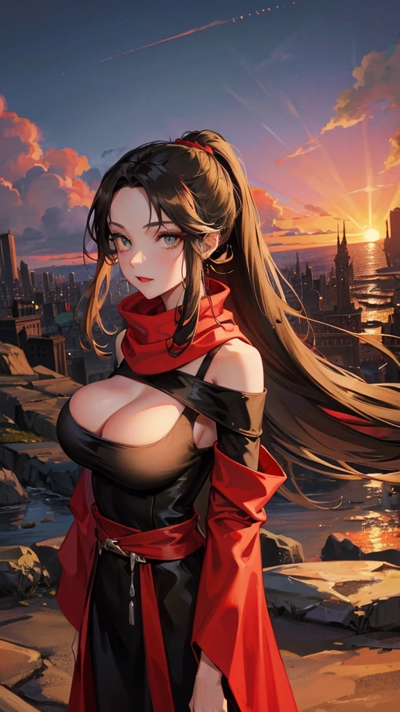 medieval setting, full view of body, 1 skinny female with large breast, beatiful smokey green eyes, black hair pinned up, off-shoulder midi dress, red scarf around her neck, eerie sunset