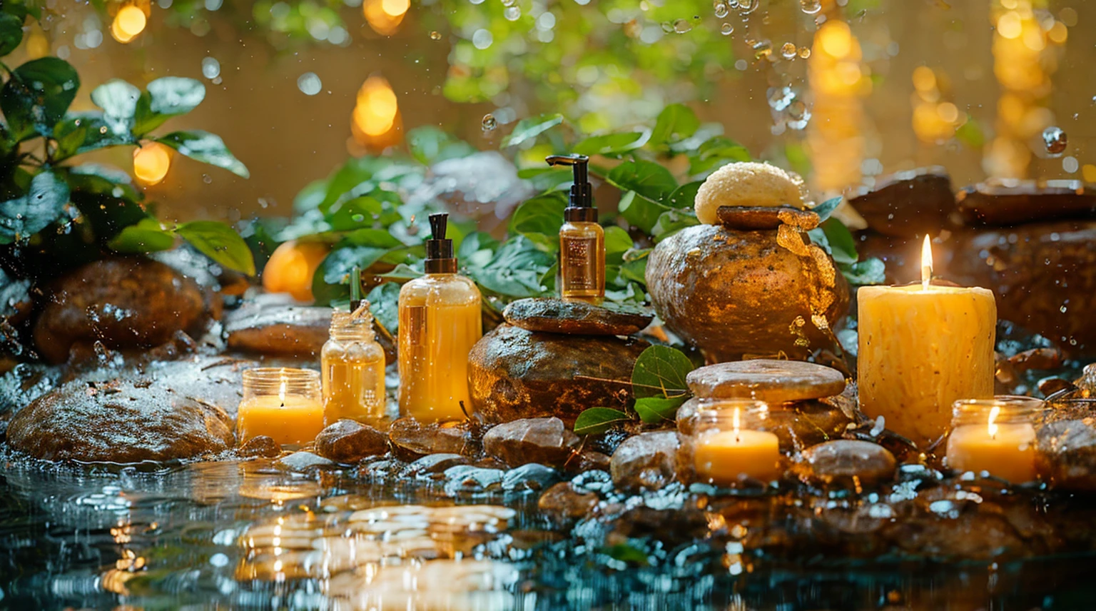 candles and spa products are sitting on a table with rocks, Luxurious surroundings, Peaceful atmosphere, Paradise Garden Massage, By Alexander Gierimski, By Maksimirjan Vanka, Morning Glow, Quiet environment, Soft glow, spa, Relaxing environment, oil, Glowing oil, Lush green environment, Relaxed atmosphere, Alexander Brook, A vibrant scene, Natural Beauty、rain、８K、